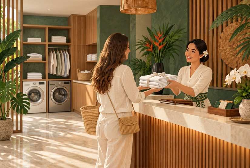 Ilustrasi staf menyambut pelanggan di outlet laundry modern